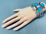 Huge Vintage Native American Navajo Turquoise Bird Sterling Silver Inlay Bracelet