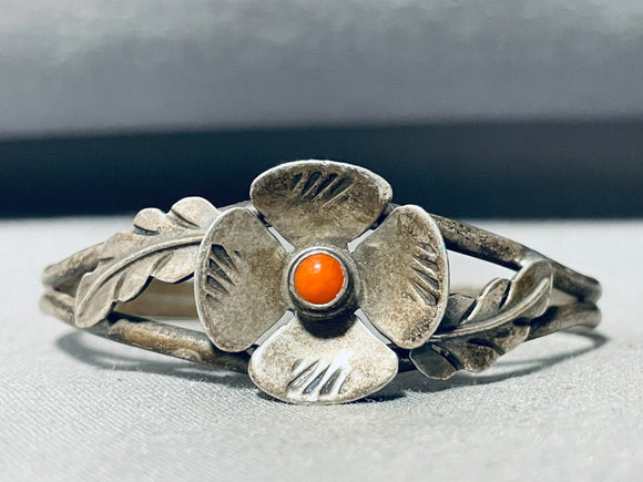 Sarah Peyneta!! Vintage Navajo Coral Flower Sterling Silver Bracelet-Nativo Arts