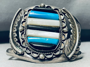 Gasp! Stacked Inlay Vintage Native American Navajo Turquoise Sterling Silver Bracelet-Nativo Arts