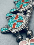 Authentic Vintage Native American Navajo Turquois Einlay Sterling Silver Squash Blossom Necklace-Nativo Arts