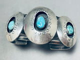 Stupendous Vintage Native American Navajo 3 Blue Gem Turquoise Silver Shadowbox Bracelet-Nativo Arts