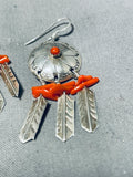 Authentic Native American Navajo Coral Sterling Silver Shield Earrings-Nativo Arts