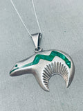 Fabulous Vintage Native American Navajo Inlay Malachite Bear Sterling Silver Necklace-Nativo Arts