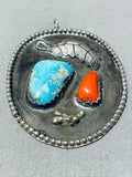 Traditional Vintage Native American Navajo Morenci Turquoise Coral Sterling Silver Pendant-Nativo Arts