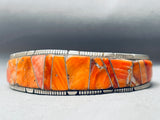 Intricate Vintage Native American Navajo Orange Shell Inlay Sterling Silver Bracelet-Nativo Arts