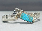 Thick Vintage Native American Navajo Pilot Mountain Turquoise Sterling Silver Angled Bracelet-Nativo Arts