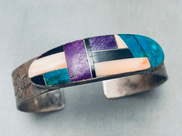 One Of The Most Unique Vintage Native American Navajo Inlay Turquoise Sterling Silver Bracelet-Nativo Arts