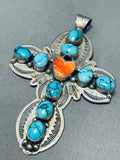 Celestial Vintage Native American Zuni Spiderweb Turquoise Spiny Heart Silver Cross Pendant-Nativo Arts