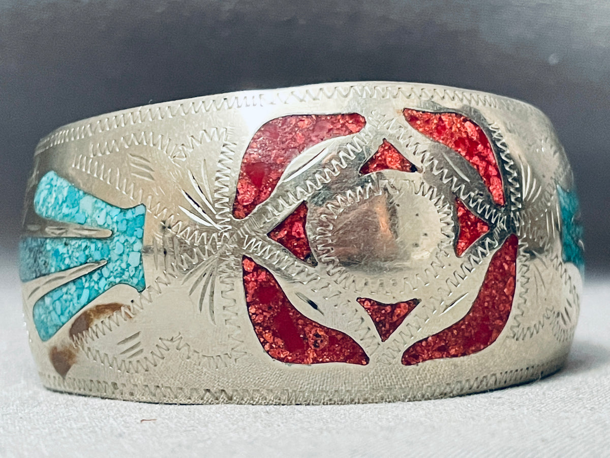 Wide Hand Tooled Vintage Native American Navajo Turquoise Coral Inlay ...