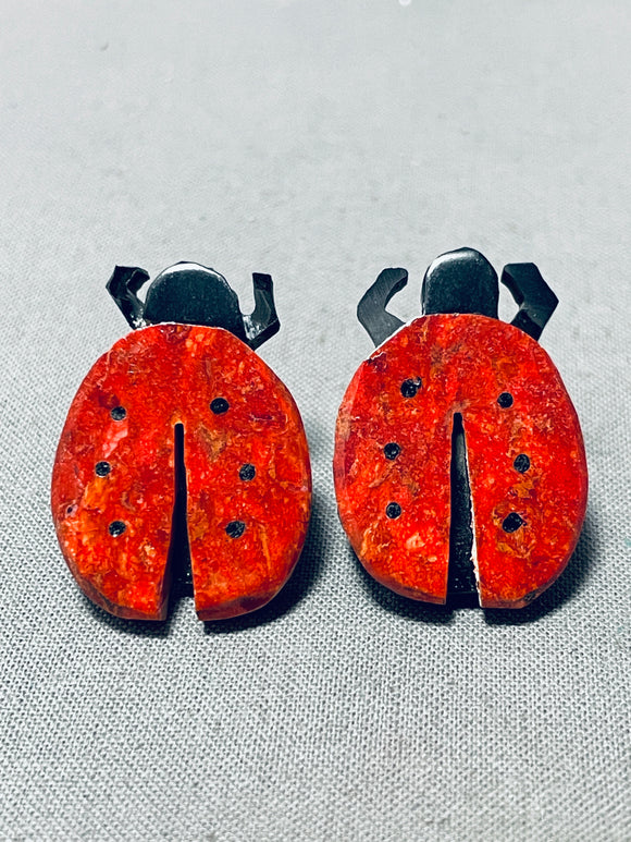 Gasp!! Ladybug Santo Domingo Coral Sterling Silver Inlay Earrings-Nativo Arts