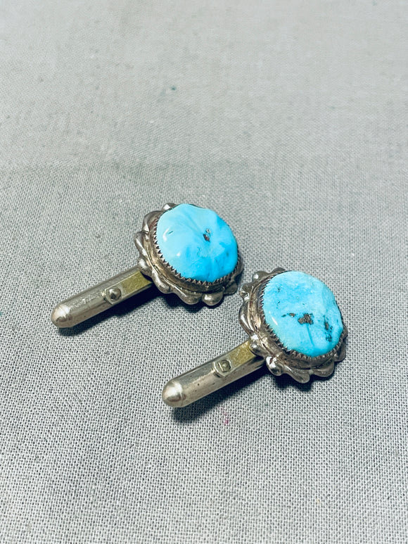 Diane Lonjose Vintage Native American Zuni Sleeping Beauty Turquoise Sterling Silver Cuff Links-Nativo Arts