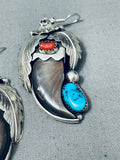 Huge Native American Navajo Turquoise Sterling Silver Bear Cla Coral Earrings-Nativo Arts