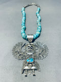 Captivating Native American Navajo Old Kingman Turquoise Sterling Silver Kachina Necklace-Nativo Arts