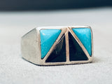 Intricate Vintage Turquoise Jet Inlay Sterling Silver Ring-Nativo Arts