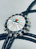 Superb Vintage Native American Zuni Inlay Turquoise Mother Of Pearl Sterling Silver Sunface Bolo-Nativo Arts