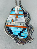 One Of Most Intricate Vintage Native American Navajo Inlay Turquoise Sterling Silver Necklace-Nativo Arts