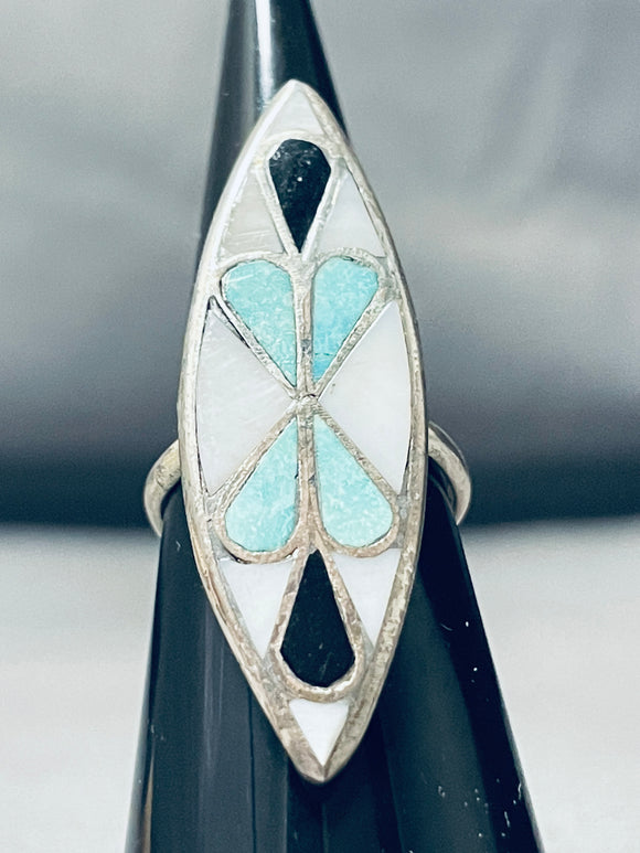 Gorgeous Vintage Native American Zuni Turquoise Sterling Silver Inlay Ring Old-Nativo Arts