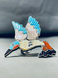 Marvelous Native American Zuni Signed Blue Gem Coral Inlay Silver Hummingbird Huge Ring-Nativo Arts
