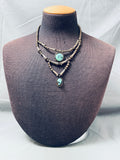 Early 1900s Vintage Native American Navajo Tiered Turquoise Sterling Silver Necklace