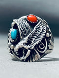 Huge Heavy Vintage Native American Navajo Eagle Sterling Silver Turquoise Ring