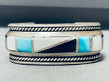 Native American Heavy Wide Vintage Navajo Turquoise Inlay Sterling Silver Bracelet-Nativo Arts
