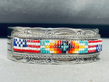 American Flag Hand Beaded Vintage Native American Navajo Sterling Silver Bracelet-Nativo Arts