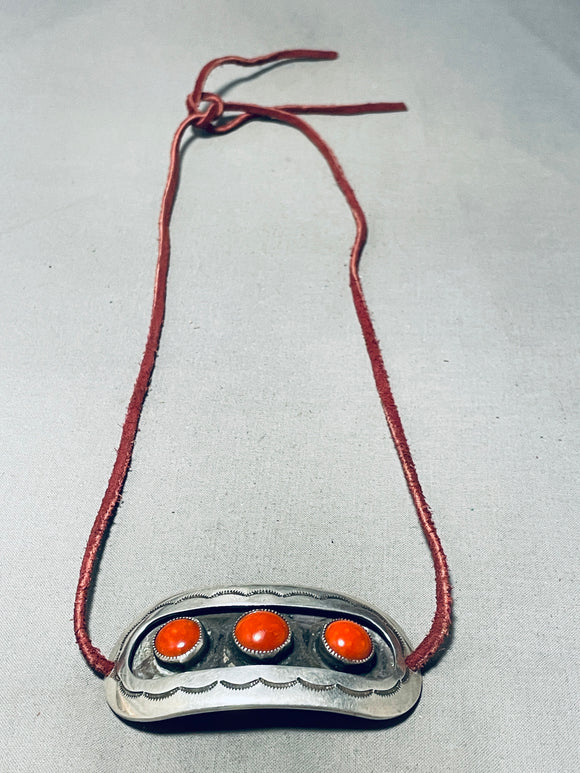 One Of The Most Unique Vintage Native American Navajo Coral Sterling Silver Leather Necklace-Nativo Arts