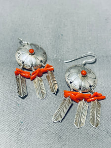 Authentic Native American Navajo Coral Sterling Silver Shield Earrings-Nativo Arts