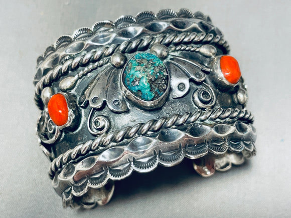 128 Grams Mongo Vintage Native American Navajo Turquoise Coral Sterling Silver Bracelet-Nativo Arts