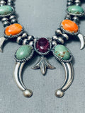 Native American Womens Green Turquoise Vintage Sterling Silver Squash Blossom Necklace