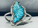 Completely Hand Carved Turquoise Vintage Native American Navajo Leaf Sterling Silver Bracelet-Nativo Arts