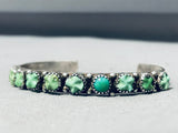 Hand Carved Green Turquoise Vintage Native American Navajo Singed Sterling Silver Bracelet-Nativo Arts