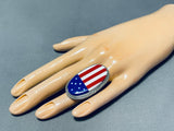Calvin Desson Native American Navajo Coral Lapis Sterling Silver American Flag Ring-Nativo Arts