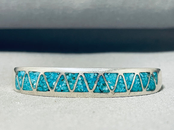 Sparkling Vintage Native American Navajo Turquoise Chip Inlay Sterling Silver Bracelet-Nativo Arts