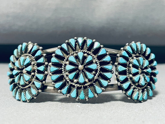 Native American Triple Turquoise Sun Vintage Zuni Sterling Silver Bracelet Cuff-Nativo Arts