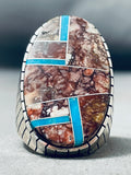 30 Grams Heavy Big Native American Navajo Turquoise Agate Sterling Silver Inlay Ring-Nativo Arts