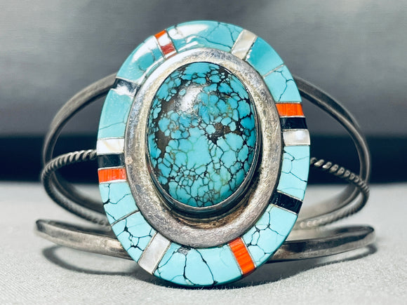 One Of The Most Unique Vintage Native American Zuni Turquoise Inlay Sterling Silver Bracelet-Nativo Arts