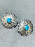 Authentic Vintage Native American Navajo Blue Gem Turquoise Sterling Silver Earrings-Nativo Arts