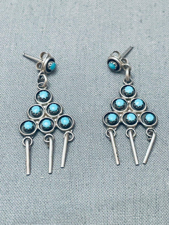 Fab Vintage Navajo Turquoise Dot Chandelier Sterling Silver Earrings-Nativo Arts