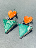 Marvelous Vintage Native American Navajo Signed Damale Turquoise Spiny Heart Silver Earrings-Nativo Arts
