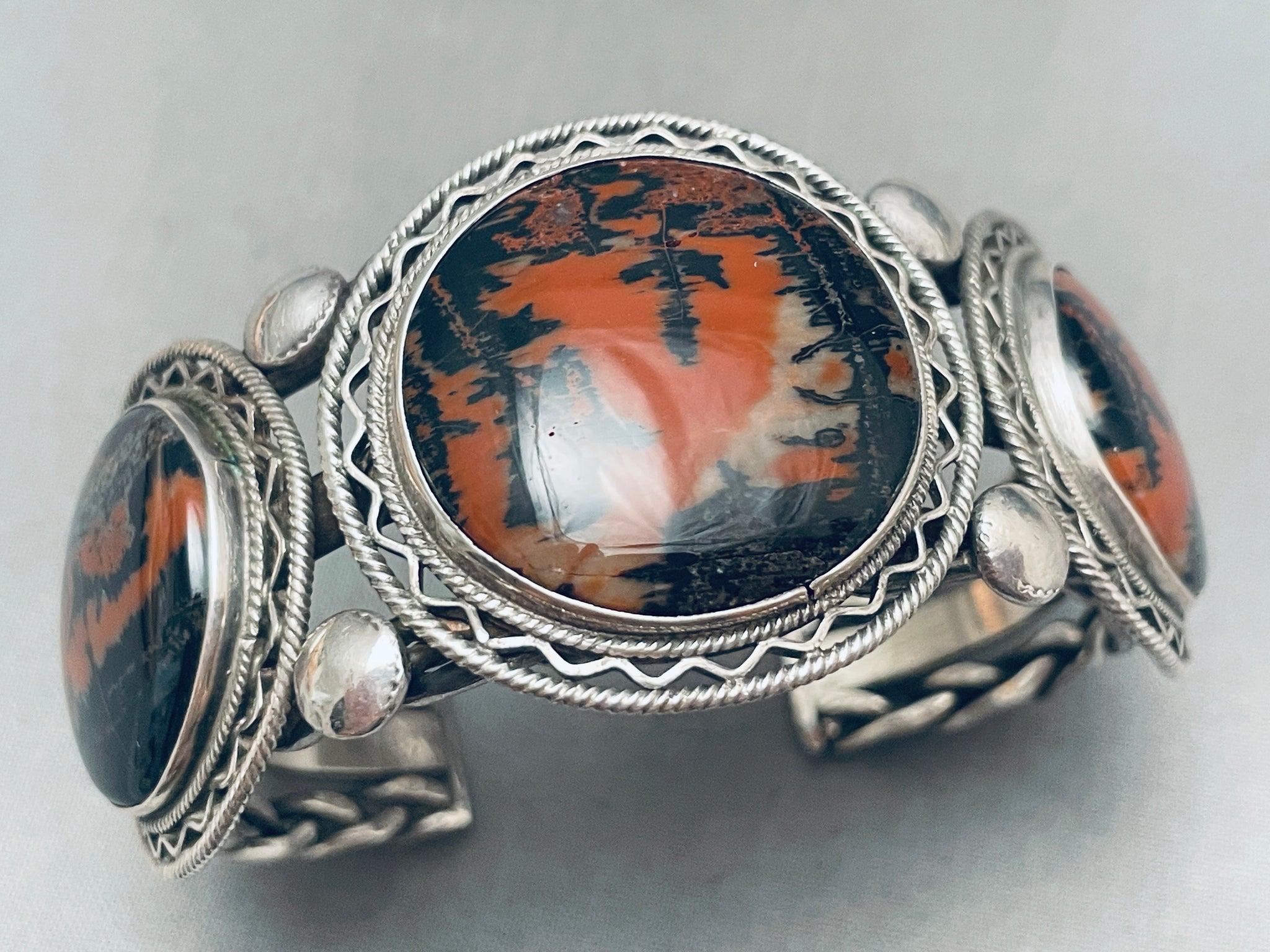 SaLe! sALe! Vintage Bracelet online Tigers Eye Petrified Wood Mother of Pearl and Sterling Silver