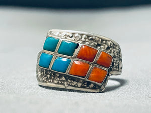 Marvelous Vintage Native American Navajo Blue Gem Turquoise & Coral Sterling Silver Ring-Nativo Arts