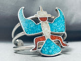 Huge Vintage Native American Navajo Turquoise Bird Sterling Silver Inlay Bracelet