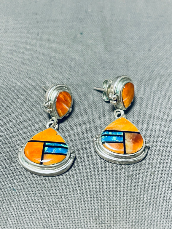 Glorious Vintage Native American Navajo Signed Inlay Spiny Opal Sterling Silver Earrings-Nativo Arts