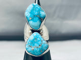 Massive Native American Navajo Signed 2 Carico Lake Turquoise Sterling Silver Ring-Nativo Arts