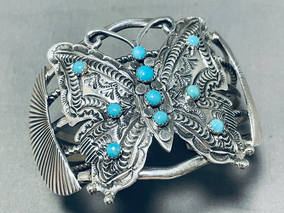 Dazzling Native American Navajo Signed Sleeping Beauty Sterling Silver Huge Butterfly Bracelet-Nativo Arts