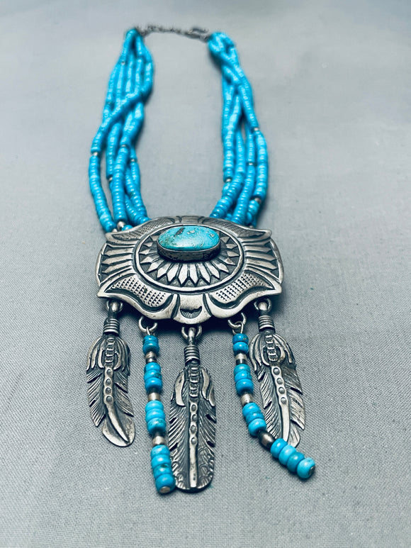 One Of The Finest Vintage Native American Navajo Turquoise Sterling Silver Necklace