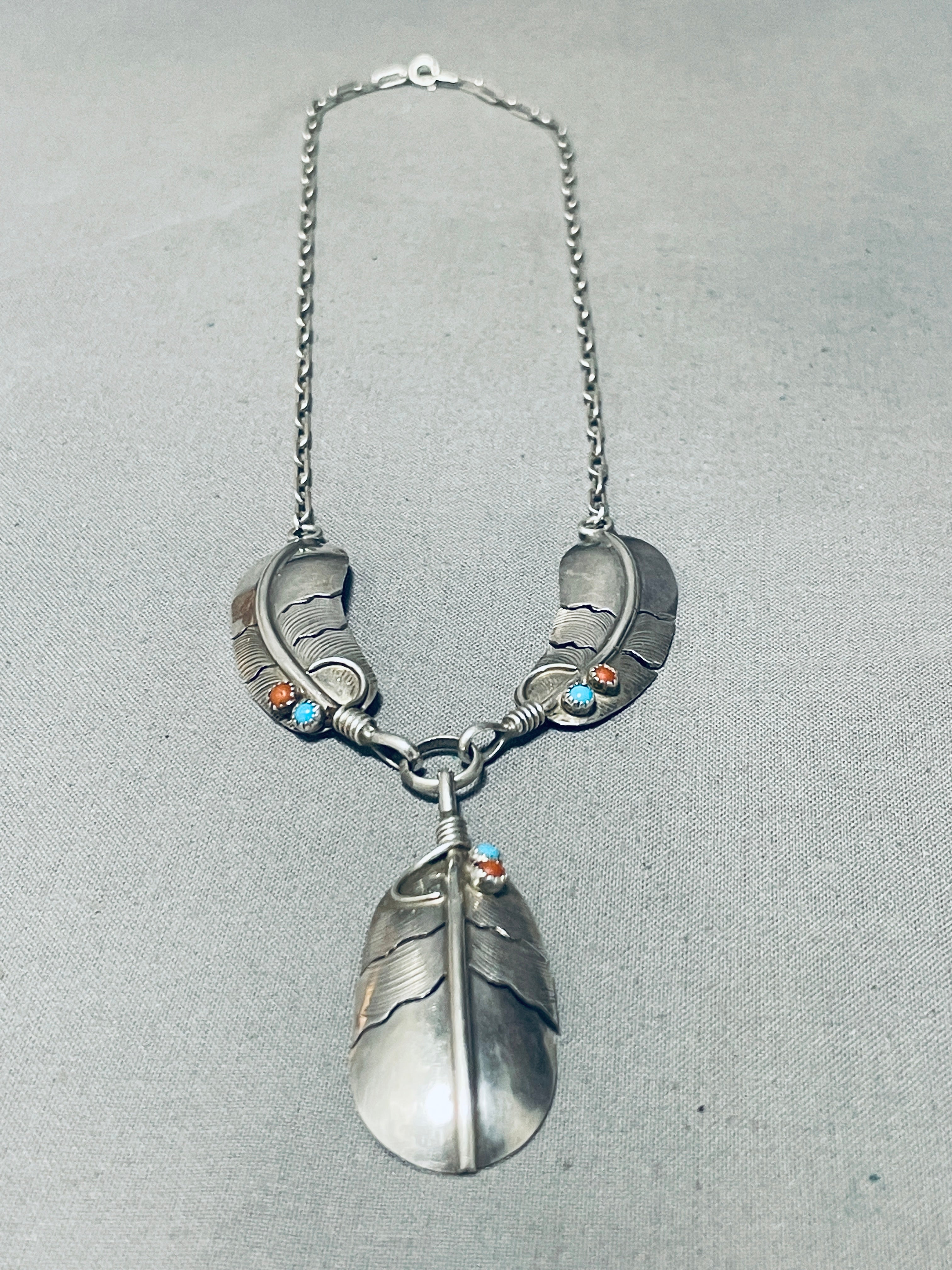 Signed Vintage Native American Navajo Long Feather Sterling Silver 