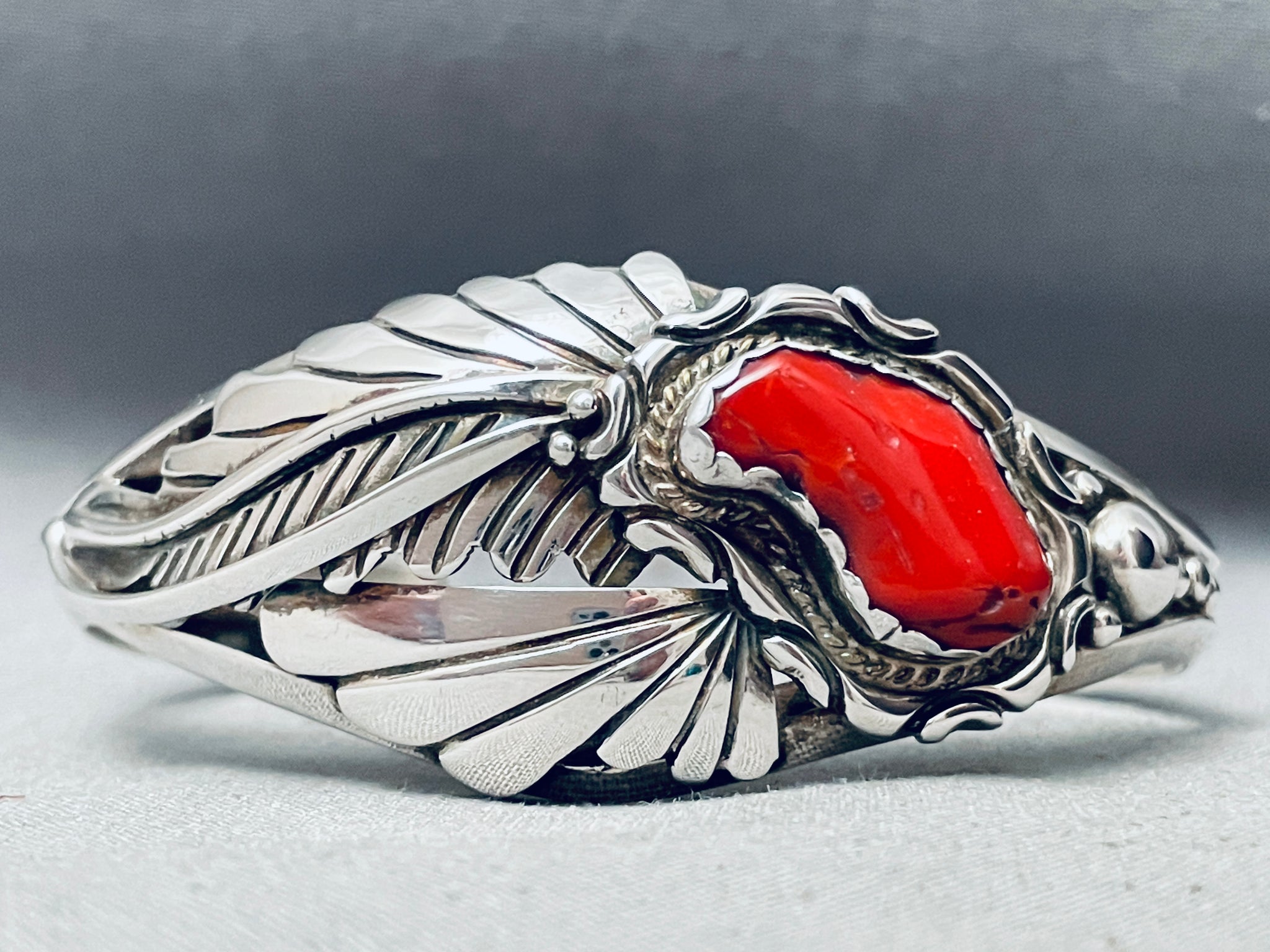 Chunky Coral Vintage Native American Navajo Sterling Silver Leaf Brace ...