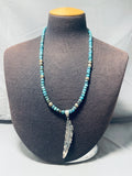 Gorgeous Vintage Native American Navajo Bisbee Turquoise Sterling Silver Feather Necklace-Nativo Arts